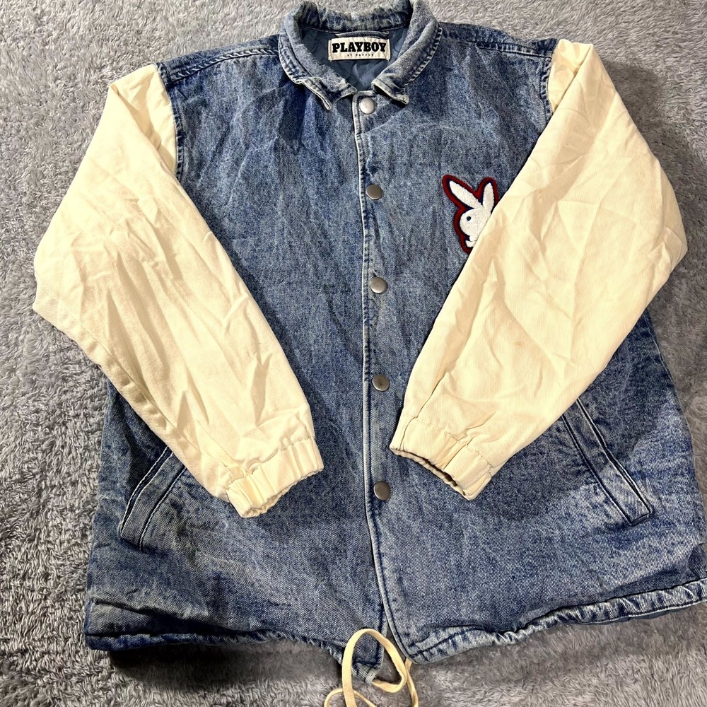 Playboy by Pacsun Denim Bomber Jacket Mens Medium Blue Beige PB 1953 Embroidered